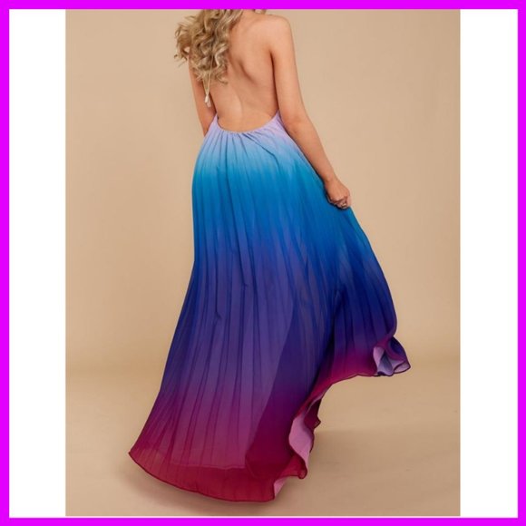 NWT Ombre Halter Pleated Maxi Dress SML - Picture 2 of 6